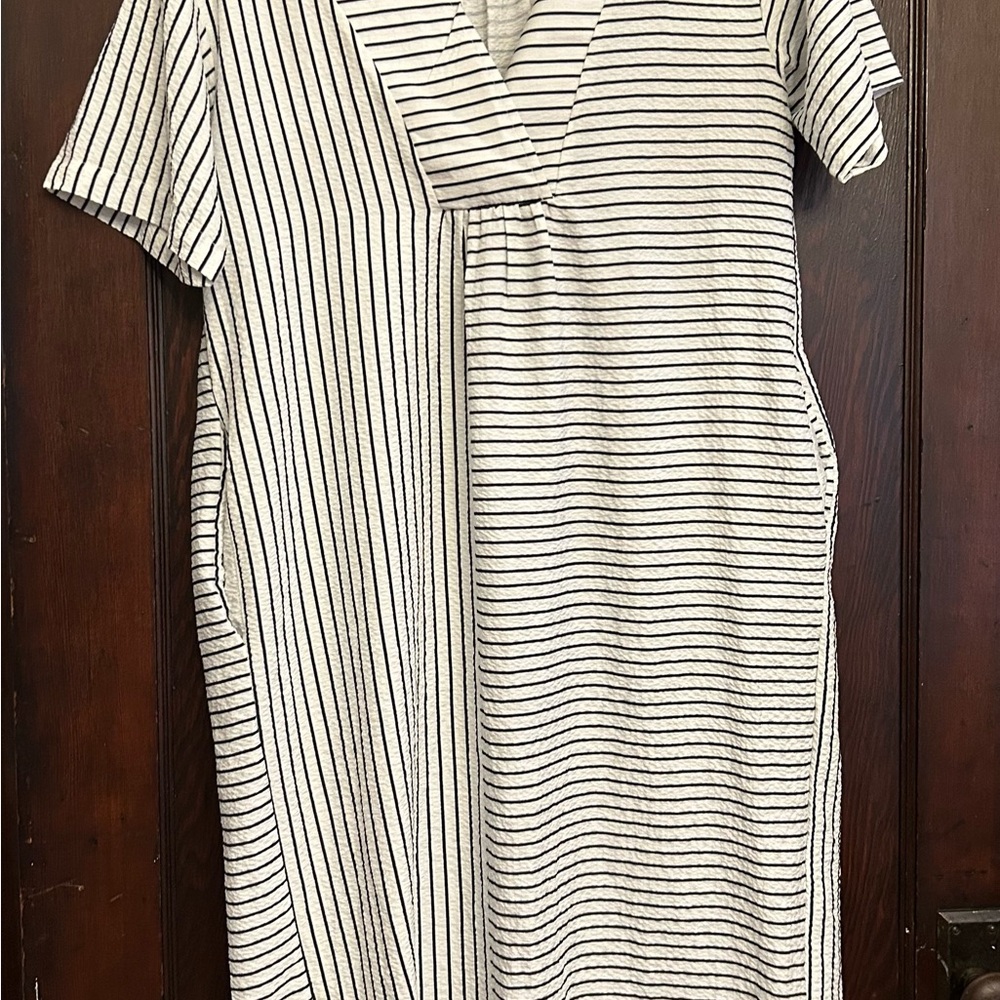 Striped V-Neck Midi Dress in Cream and Black